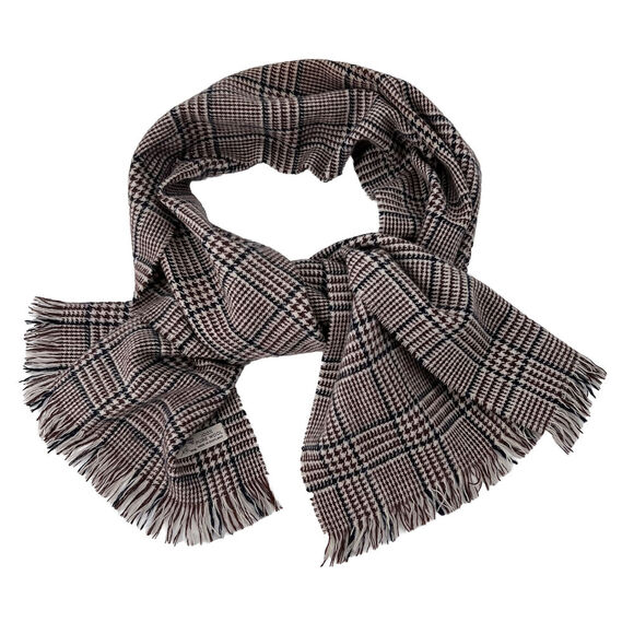 Vintage Hilltop Scotland 100% Wool Scarf Black Brown Plaid Unisex 54" x 12" - Picture 1 of 6